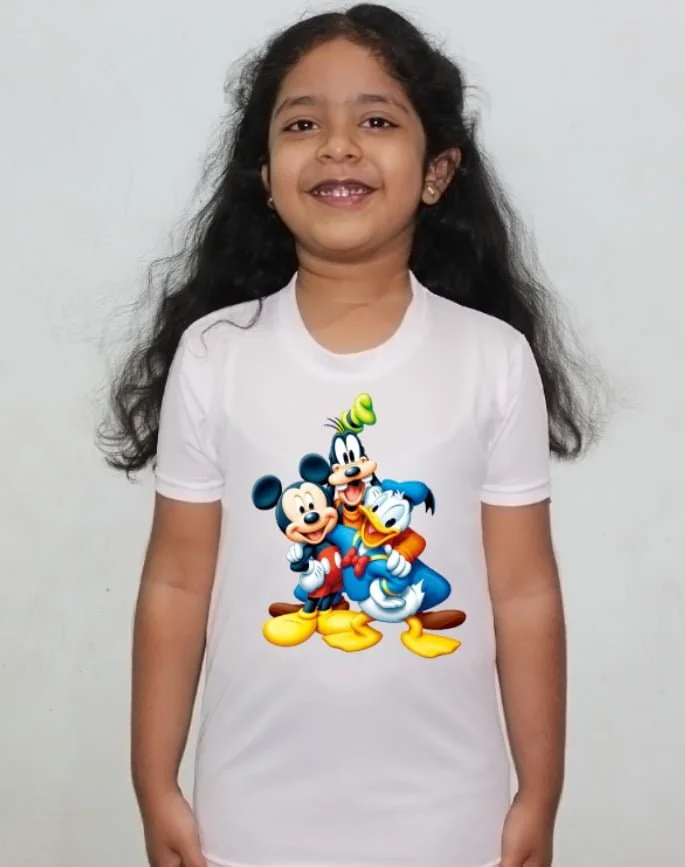 Mickey Mouse Cartoon White Round Neck Regular Fit Premium Polyester Tshirt for Girls.