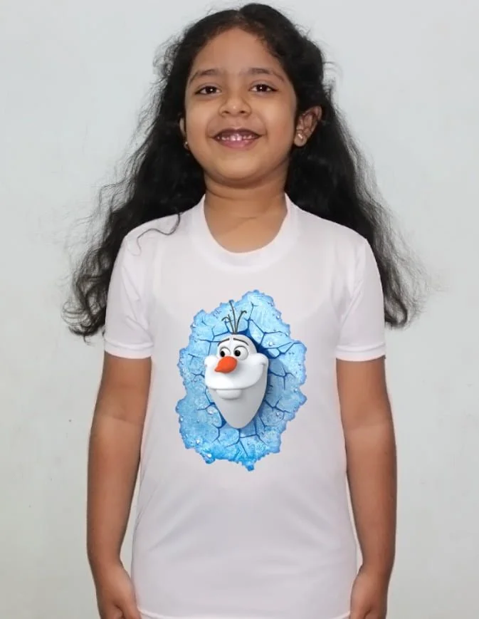 Cartoon Design White Round Neck Regular Fit Premium Polyester Tshirt for Girls.